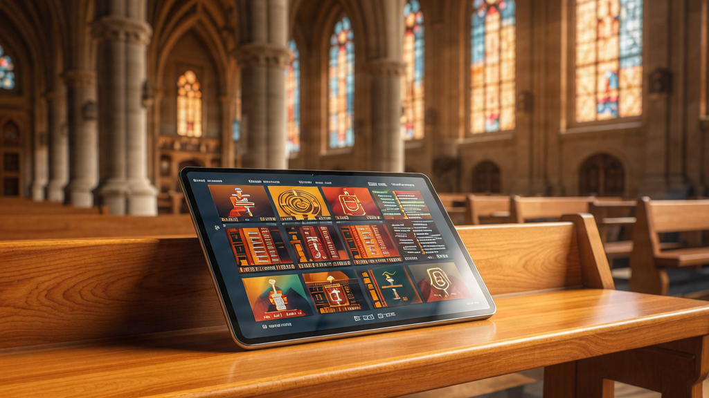 A warm, inviting digital library interface showing a collection of spiritual and theological ebooks on a tablet, with a soft church interior background.