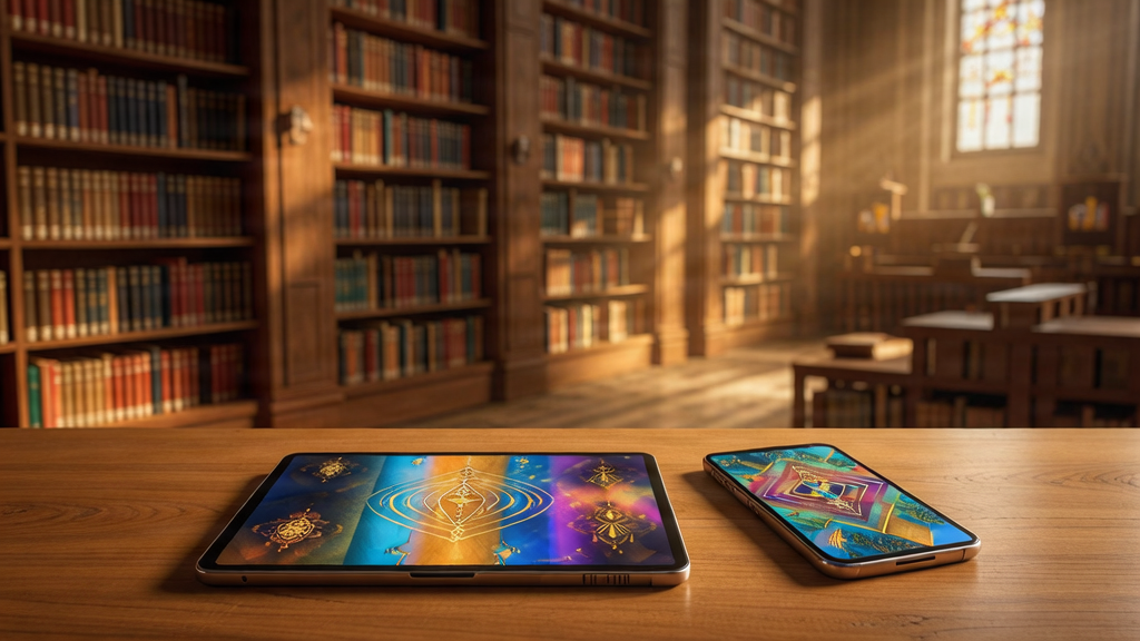 A collection of digital Bible study ebooks displayed on a tablet and smartphone, with a warm, sunlit church library in the background.