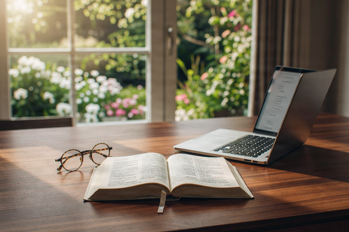 A personal and reflective scene for Pastor's Blog, featuring a desk with a laptop, a Bible, and a view of a peaceful garden.